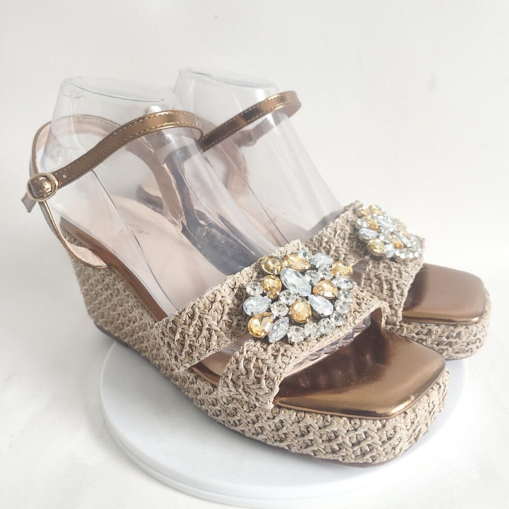 Azura European‎ Espadrille Platform Wedges Gold Rhinestones Sandals 9.5 - 10 /41